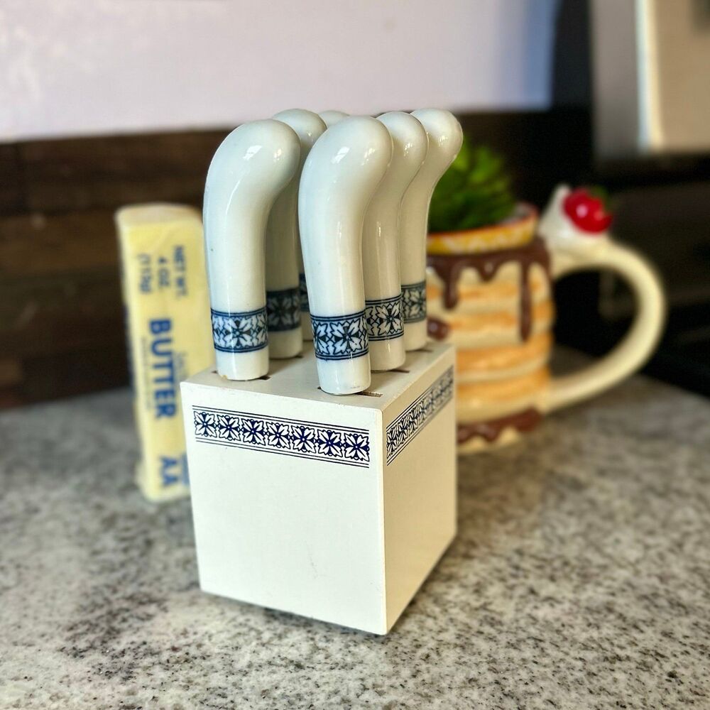 VTG Boho Blue White Stainless Steel Butter Spreaders + Holding Block Kitchenware - Picture 2 of 8